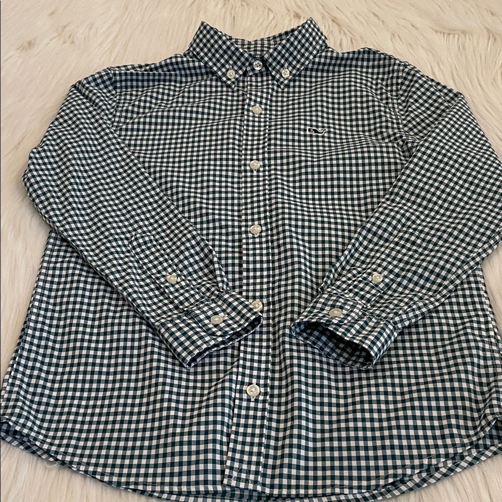 Vineyard Vines Boys Spruce Green & White Gingham Performance Button Down